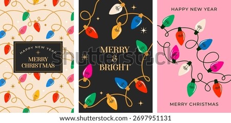 Christmas background with colorful Christmas lights. Vertical Happy New Year and Merry Christmas card, banner and poster design. Christmas elements and ornaments vector illustrations