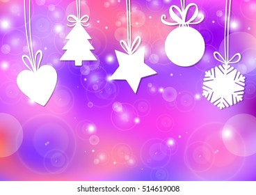 Christmas background with colorful toys: tree, snowflake, ball, heart, star. White Christmas decorations on a background with highlights.Vector illustration, contains transparencies and effects.