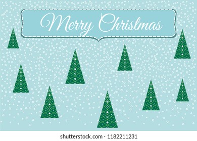 Christmas background with colorful christmas trees and random scatter falling snowflakes.
