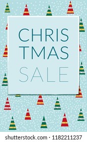Christmas background with colorful christmas trees and random scatter falling snowflakes.