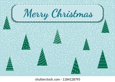 Christmas background with colorful christmas trees and random scatter falling snowflakes.