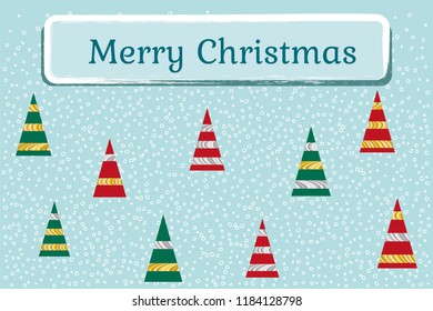 Christmas background with colorful christmas trees and random scatter falling snowflakes.