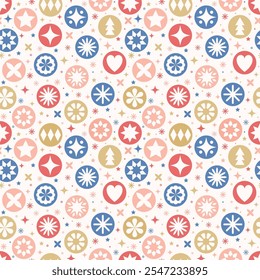 Christmas background with colourful abstract decorations. Seamless pattern design. Vector illustration