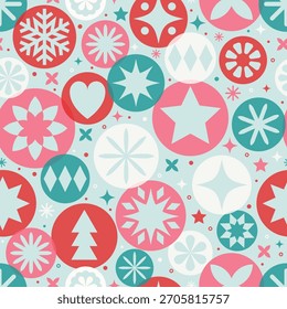 Weihnachtshintergrund mit bunten abstrakten Dekorationen. Nahtloses Muster-Design. Vektorgrafik