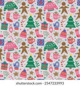 Fundo de Natal. Ornamento colorido bonito dos desenhos animados. Textura sem costura. Ilustração vetorial