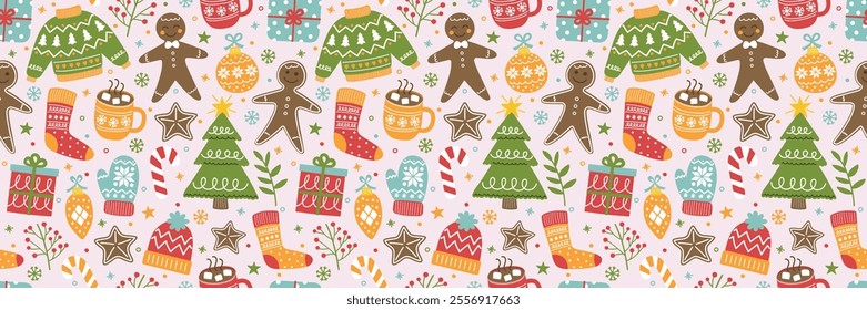 Christmas background. Colourful cute cartoon ornament. Seamless texture. Banner. Vector illustration