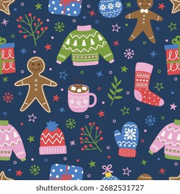 Fondo de Navidades con coloridas decoraciones dibujadas a mano. Diseño de patrón sin fisuras. Ilustración vectorial