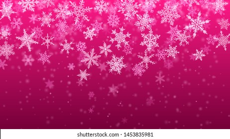 Christmas background of complex blurred and clear falling snowflakes in purple colors with bokeh effect