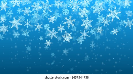 Christmas background of complex blurred and clear falling snowflakes in light blue colors with bokeh effect