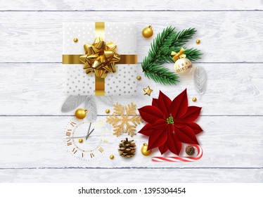 Christmas background composition with realistic design elements. Xmas objects view from the top on a wooden pattern