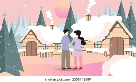 Christmas background concept with family or couple, winter wooden hut with smoke, pine trees and decoration. Beautiful holiday landscape vector illustration.