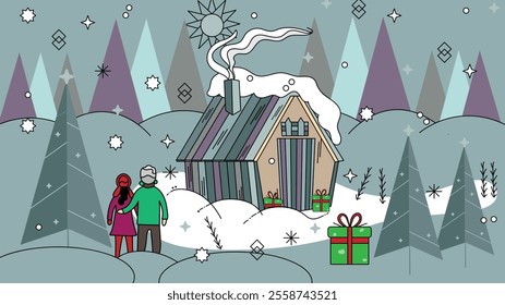 Christmas background concept with family or couple, winter wooden hut with smoke, pine trees and decoration. Beautiful holiday landscape vector illustration.