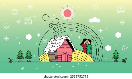 Christmas background concept with family or couple, winter wooden hut with smoke, pine trees and decoration. Beautiful holiday landscape vector illustration.