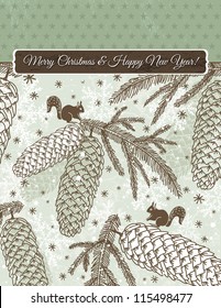 christmas background with cone, squirrel and snowflakes, vector illustration