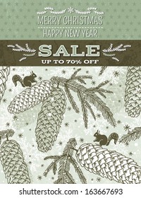 christmas background with cone, squirrel, snowflakes and label with sale offer, vector illustration