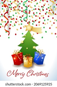 Christmas background with confetti, streamers, fir and text. Vector illustration eps10