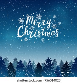 Christmas background with coniferous forest on blue sky backgrou
