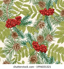 Weihnachten nahtloses Muster mit Nadelbäumen und Rowan. Vektorbotanische Illustration. Hintergrund mit Fichte und Kiefer. Traditionelle Farben.