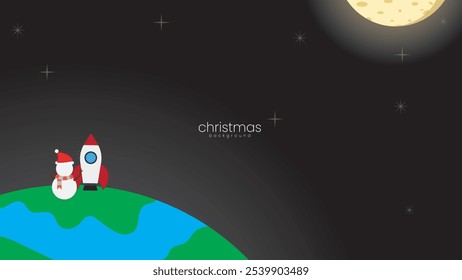 christmas background contain Snowman and rocket want go to the moon,  isolated in dark night , suitable for christmas themes space adventure
