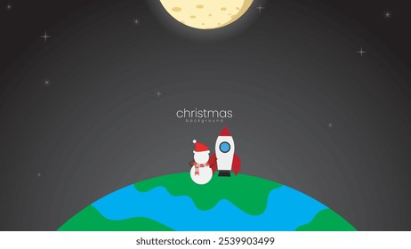 christmas background contain Snowman and rocket want go to the moon,  isolated in dark night , suitable for christmas themes space adventure