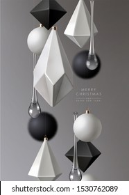 Christmas background with contemporary geometric Christmas tree decoration and glass baubles. Realistic illustration.