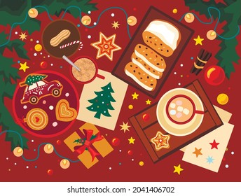 Christmas background with cookies and cocoa and Christmas tree branches. Merry Christmas and Happy New Year. Gingerbread, stollen, marshmallows. Vector flat illustration, cartoon style.
