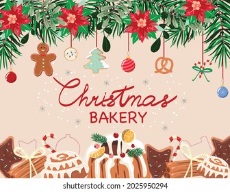 Christmas background with cookies, gingerbread, cake and cinnamon bun. Winter baking. Christmas card. 