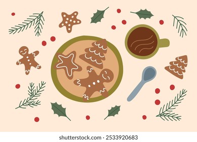 Christmas background. Christmas cookies gingerbreads. Top view. Sustainable Christmas banner.	