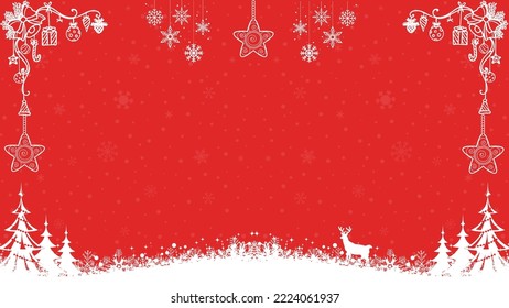 Christmas background with copy space area.  Vector Christmas red background with pine tree, grass, deer, snowflake, and some ornament silhouette. Suitable to use for wallpaper, poster, flyer, etc.