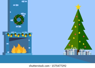 Christmas background with copy space. The fireplace and  Christmas tree decorated with bells and balls and gift boxes on the floor. Flat Vector Illustration Concept.