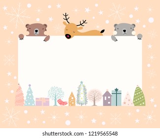 Fondo navideño con espacio para textos o mensajes con marco de decoración navideña, Diseño de dibujos animados planos Cute, Ilustración vectorial para tarjetas de felicitación, volante y tarjeta de invitación