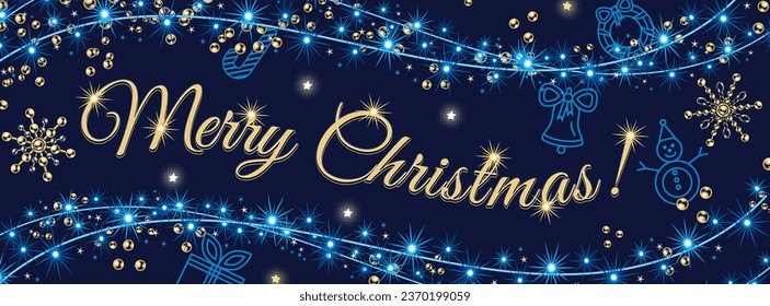 Christmas background with copy space, text, festive garland, blue lights, stars, sparkles, snowflakes made of jewelry gold chains. Outline icon of Christmas symbols behind. CMYK blue colors