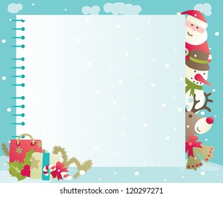 Christmas background with copy space. Vector backgrounds of baubles with Santa, snowman, Rudolph The Red-nosed Reindee and christmas decorations .