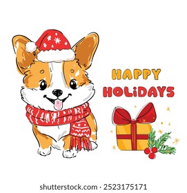 christmas background with corgi dog hand drawn cute illustration vector sketch illustration