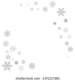 Christmas background corners with snowflakes and place for text. Winter silver snow minimal decoration on white, greeting card. New Year Holidays backdrop. Vector illustration EPS 10