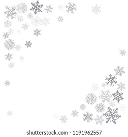 Christmas background corners with snowflakes and place for text. Winter silver snow minimal decoration on white, greeting card. New Year Holidays backdrop. Vector illustration EPS 10