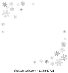 Christmas background corners with snowflakes and place for text. Winter silver snow minimal decoration on white, greeting card. New Year Holidays backdrop. Vector illustration EPS 10