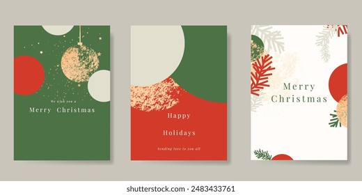 christmas background cover vector. Elements of pine leaves, hanging ball, star, gold foil texture on green, red and white background. Design for flyer, greeting card, poster, advertising.