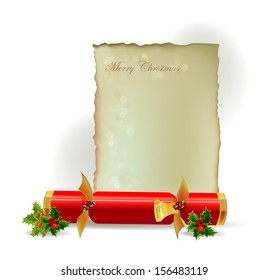 Christmas background with cracker and paper