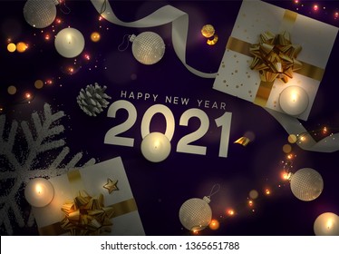 Christmas background. Creative design greeting card, banner, web poster. Top view of gift box, xmas decoration string lights garlands, balls and snowflakes.