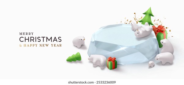 Christmas background. Creative realistic 3d cartoon design, cute polar bear figurines playing around an ice block with green Christmas tree and holiday gift box and gold confetti. Vector illustration