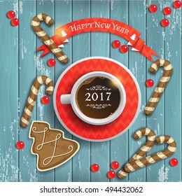 Christmas background with a cup of coffee and festive gingerbread on a wooden blue background. New Year. Vector.