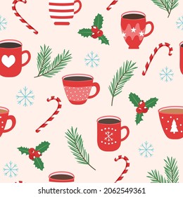 Christmas background, cup with tea and sweets. For fabric, wrapping paper and other decoration. Vector illustration