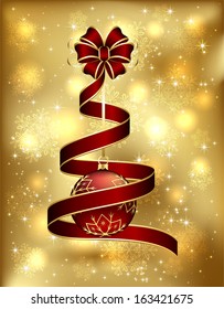 Christmas background with curled red bow and ball, illustration.