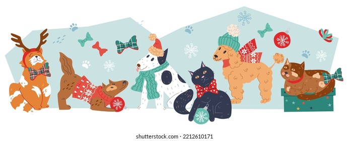 Christmas background with cute animals characters, flat cartoon vector illustration isolated on white. Christmas and New Year banner or greeting poster template with cats and dogs.