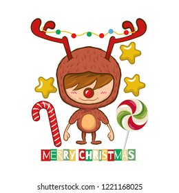 Christmas background with a cute boy dressed as reindeer