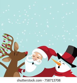 
Christmas background with cute cartoon characters caroling. Santa Claus, reindeer and snowman in a snowy scene. EPS 10 vector illustration.