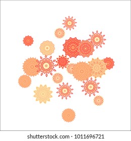 Christmas Background with Cute Colorful Snowflakes on White Ground. Ethnic Stylized Mandalas Looking Like Snowflakes. Moroccan, Ottoman or Arabic Pattern for Card, Poster, Banner