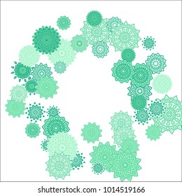 Christmas Background with Cute Colorful Snowflakes on White Ground. Ethnic Stylized Mandalas Looking Like Snowflakes. Moroccan, Ottoman or Arabic Pattern for Card, Poster, Banner