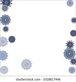 Christmas Background with Cute Colorful Snowflakes on White Ground. Ethnic Stylized Mandalas Looking Like Snowflakes. Moroccan, Ottoman or Arabic Pattern for Card, Poster, Banner